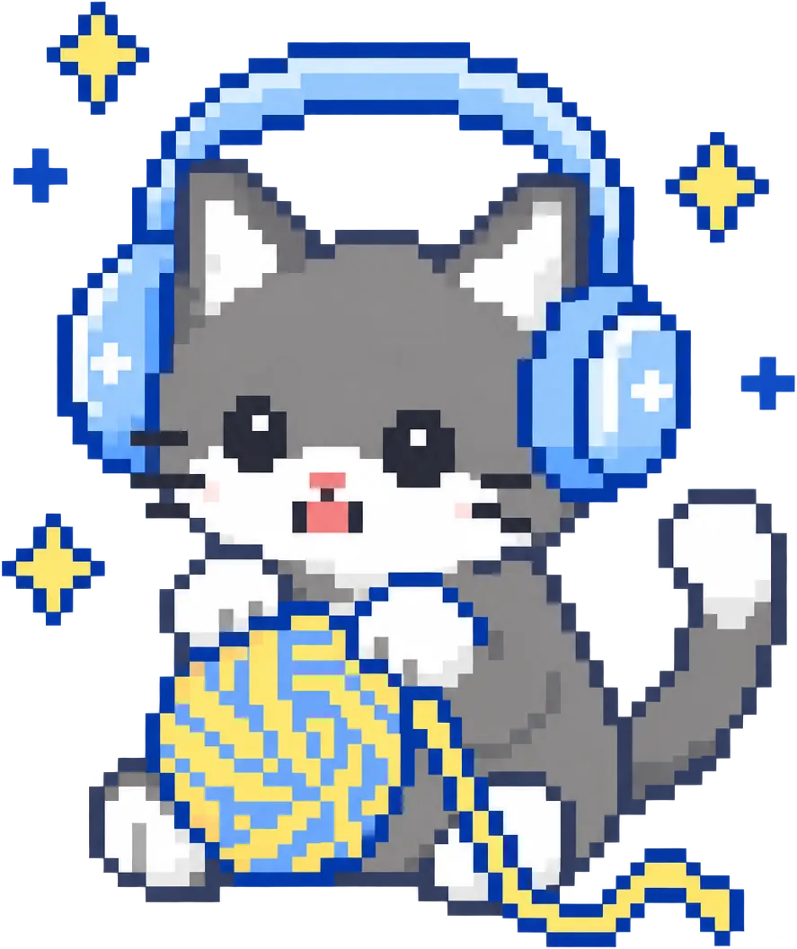 Gatito en pixel art con audífonos jugando con un ovillo de lana.